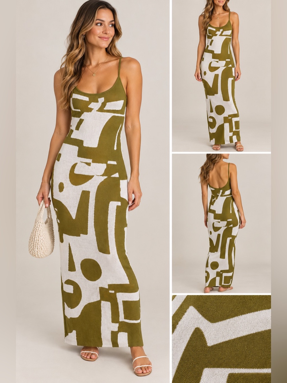 Olive Green & Ivory Abstract Print Knit Maxi Dress Size Small